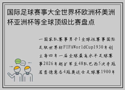 国际足球赛事大全世界杯欧洲杯美洲杯亚洲杯等全球顶级比赛盘点
